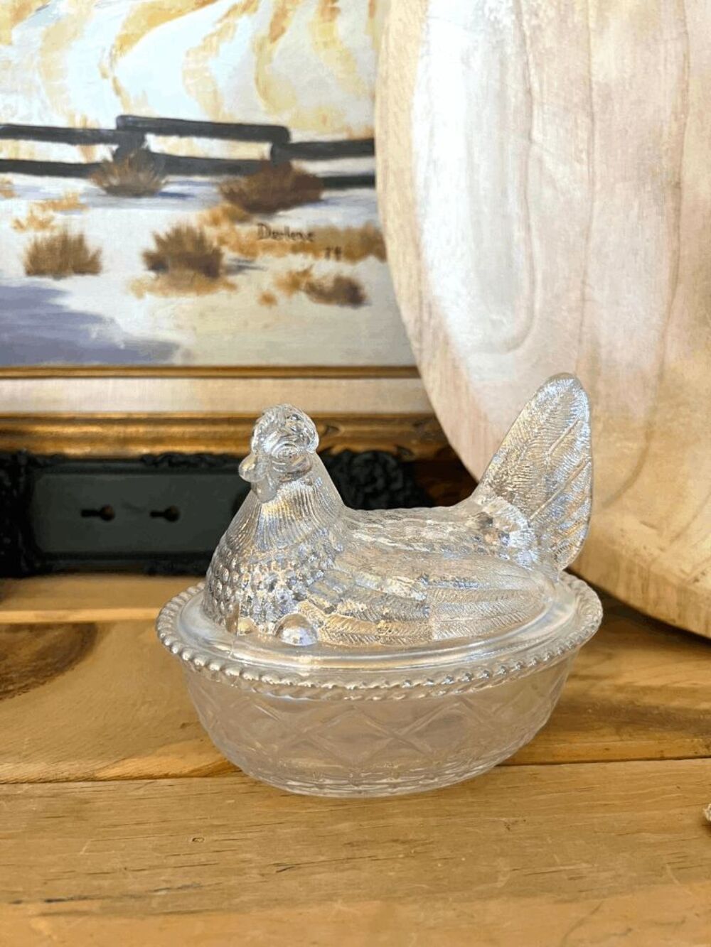 Mosser Glass Crystal Carnival Hen on Nest | Westmoreland Mold Split Tail Covered